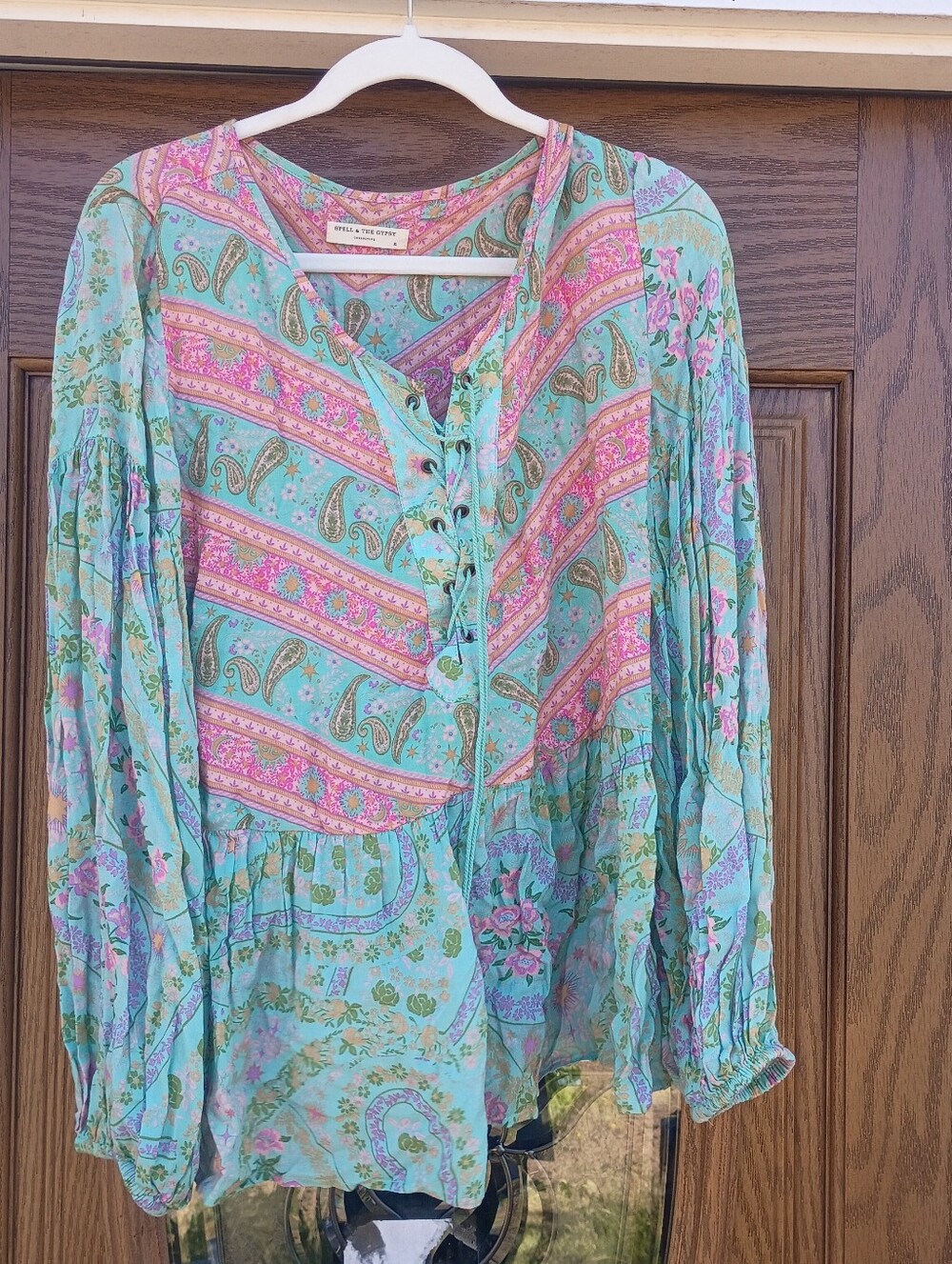 Spell Women's XL Mint and Pink Lace-Up Paisley Peasant Blouse